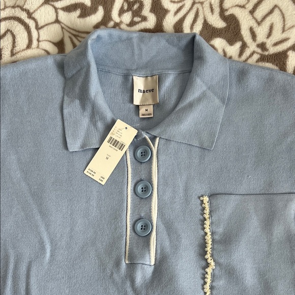Maeve Sky Blue Polo with Button Detail and Pearl Pocket - Picture 3 of 7